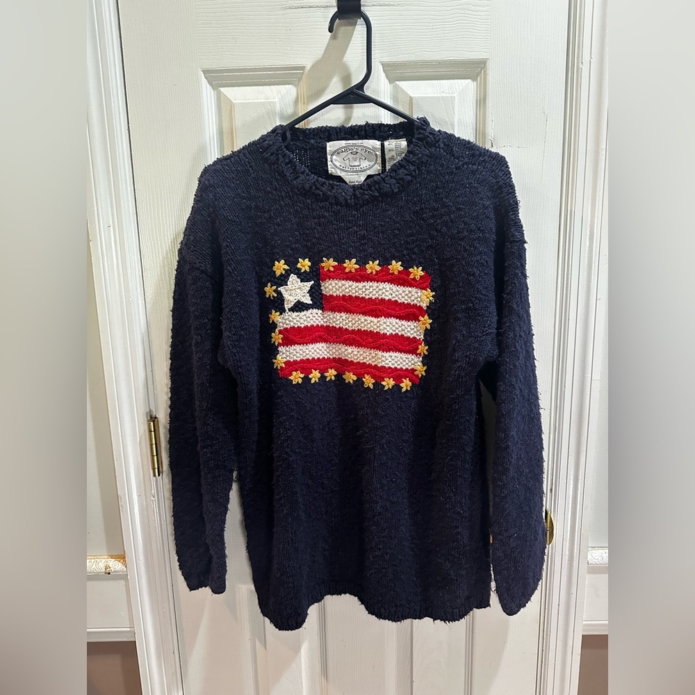 Vintage Eagle Eye Hand Knit Blue Pullover Sweater Embroidered American Flag Med